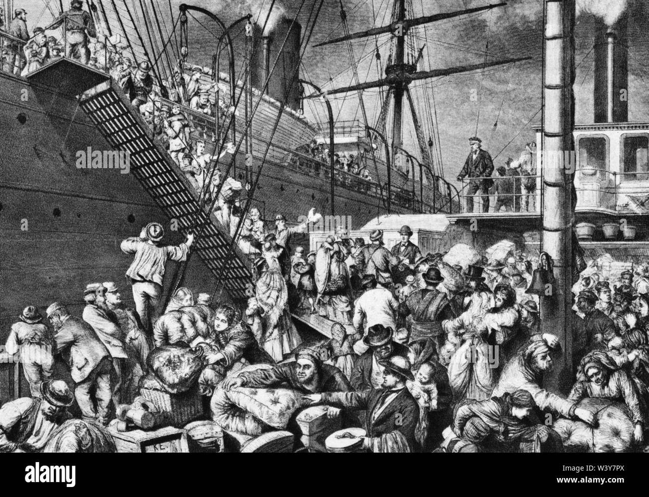 Hamburg, Deutschland - ca 1870: litograph, die Auswanderer an Bord eines Hapag Dampfer, die aus einer Zuführung Schiff - Quelle: 1937 Festschrift am Ocas Stockfoto