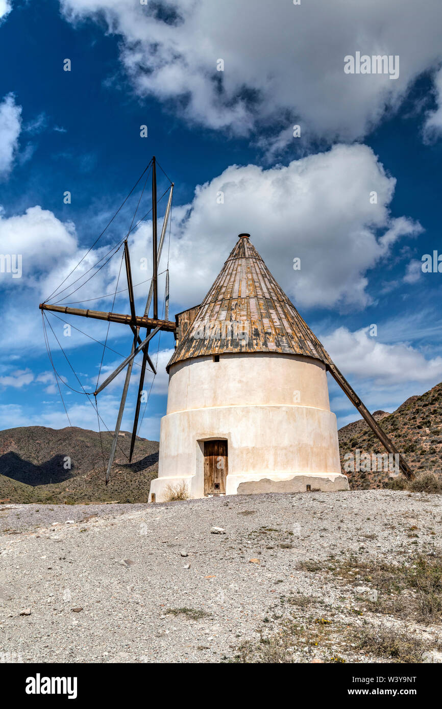 Windmühle, Cabo de Gata, Almeria, Andalusien, Spanien Stockfoto