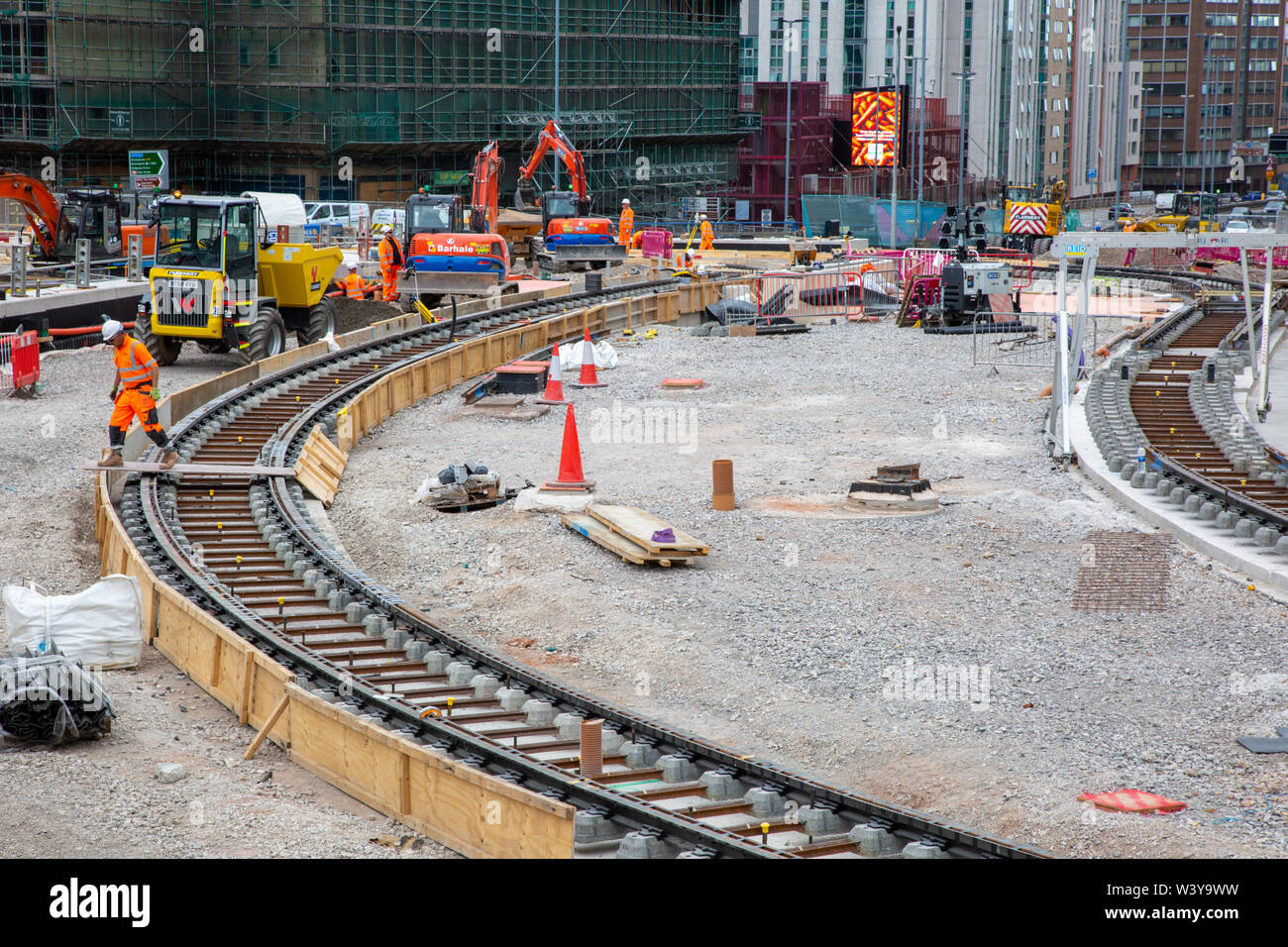 Neue straßenbahnlinien im Bau, Birmingham Broad Street, UK Stockfoto