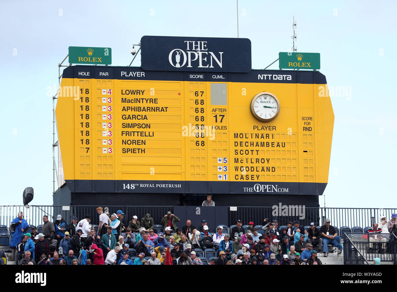Ein Blick auf die Anzeigetafel während des Tages eine der Open Championship 2019 im Royal Portrush Golf Club. Stockfoto