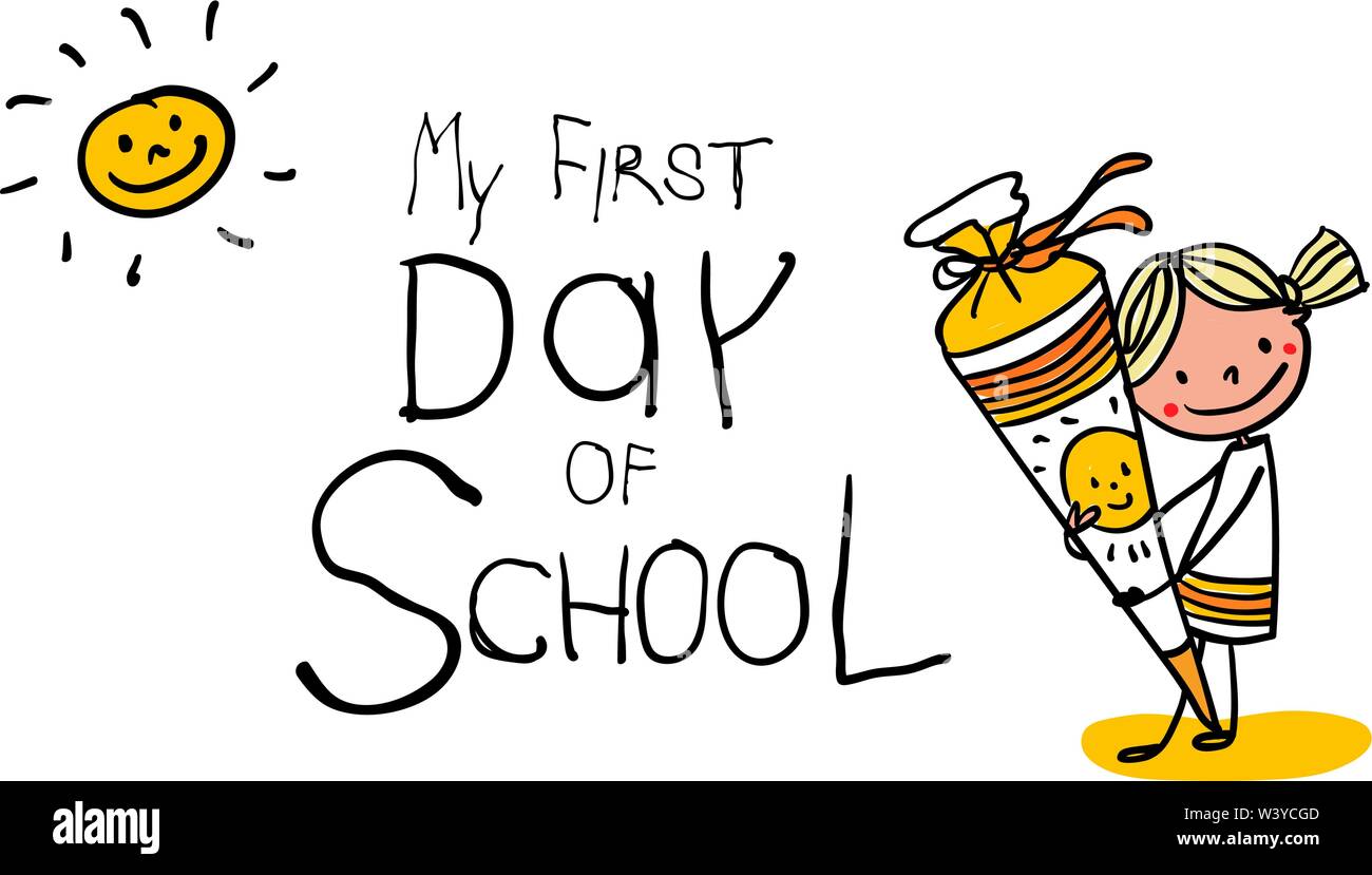 Der erste Schultag - Glückliche süßes Schulmädchen mit Süßigkeiten Kegel - bunte Hand gezeichneten Karikatur. Geeignet für horizontale Banner oder Karte. Stock Vektor