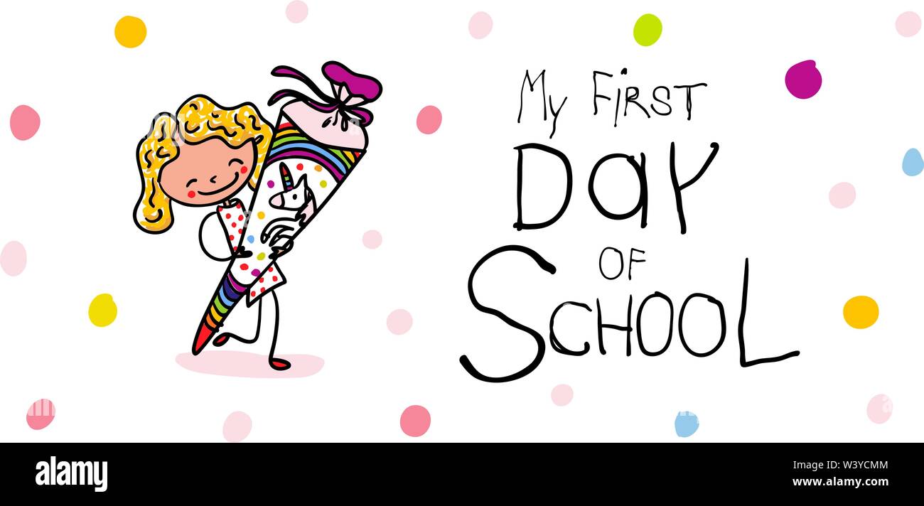 Der erste Schultag - Glückliche süßes Schulmädchen mit Süßigkeiten Kegel - bunte Hand gezeichneten Karikatur. Geeignet für horizontale Banner oder Karte. Stock Vektor