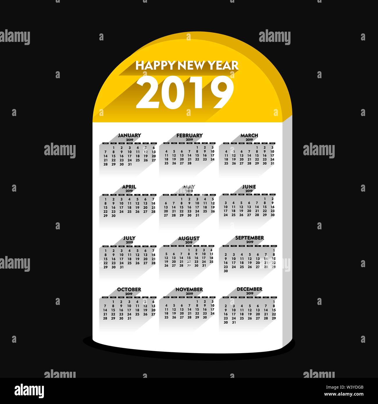 Kreative neue Jahr Kalender 2019 Design, Entfernung Kennzeichnung Stein Konzept Stock Vektor