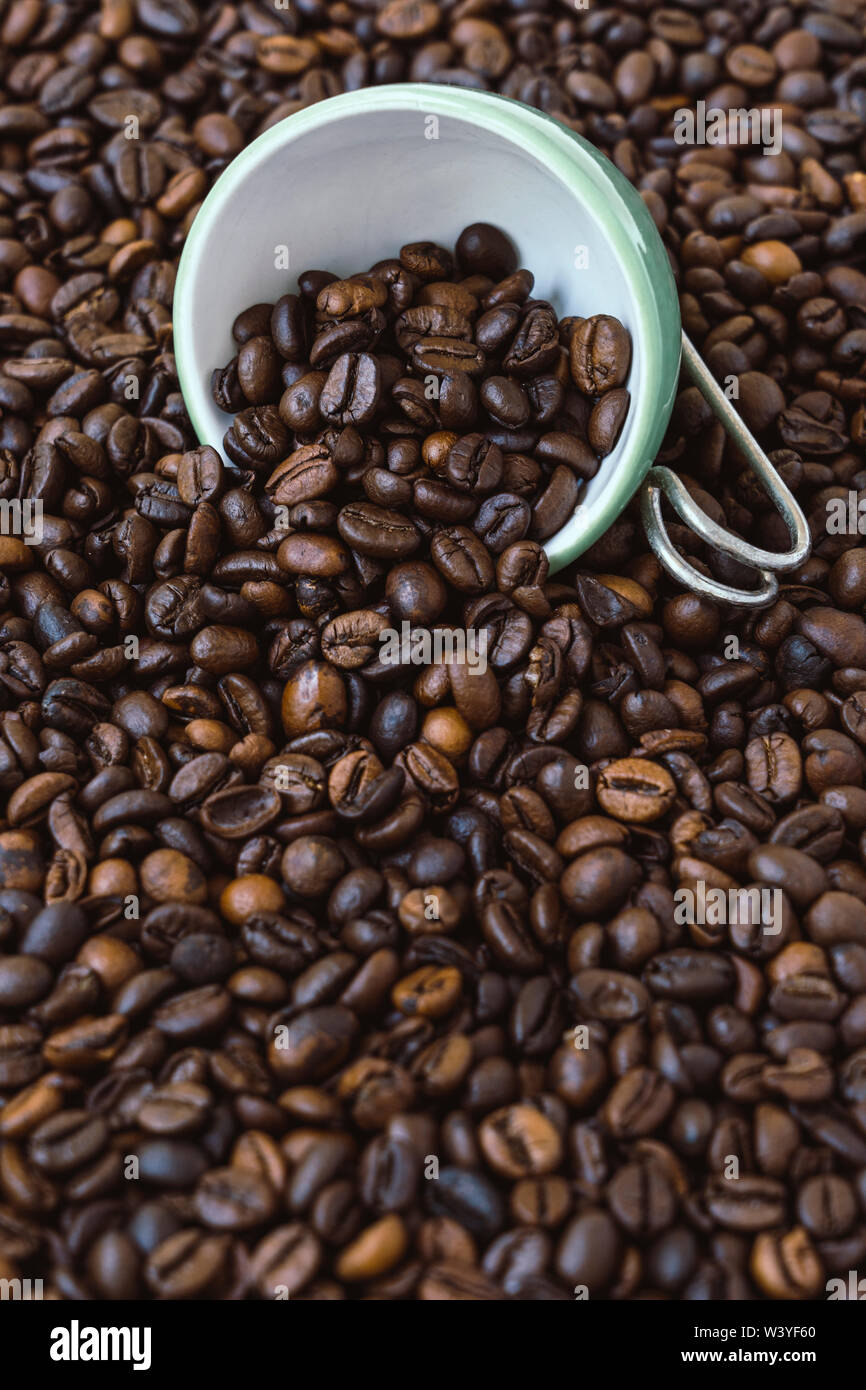 Grüne Schale unter eine Menge Kaffee Bohnen. Stockfoto