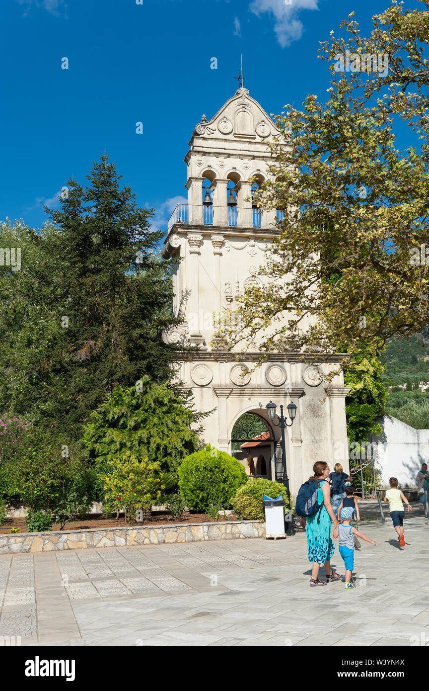 Glockenturm des Klosters Agios Gerasimos, Kefalonia, Ionische Inseln, Griechenland, Europa Stockfoto