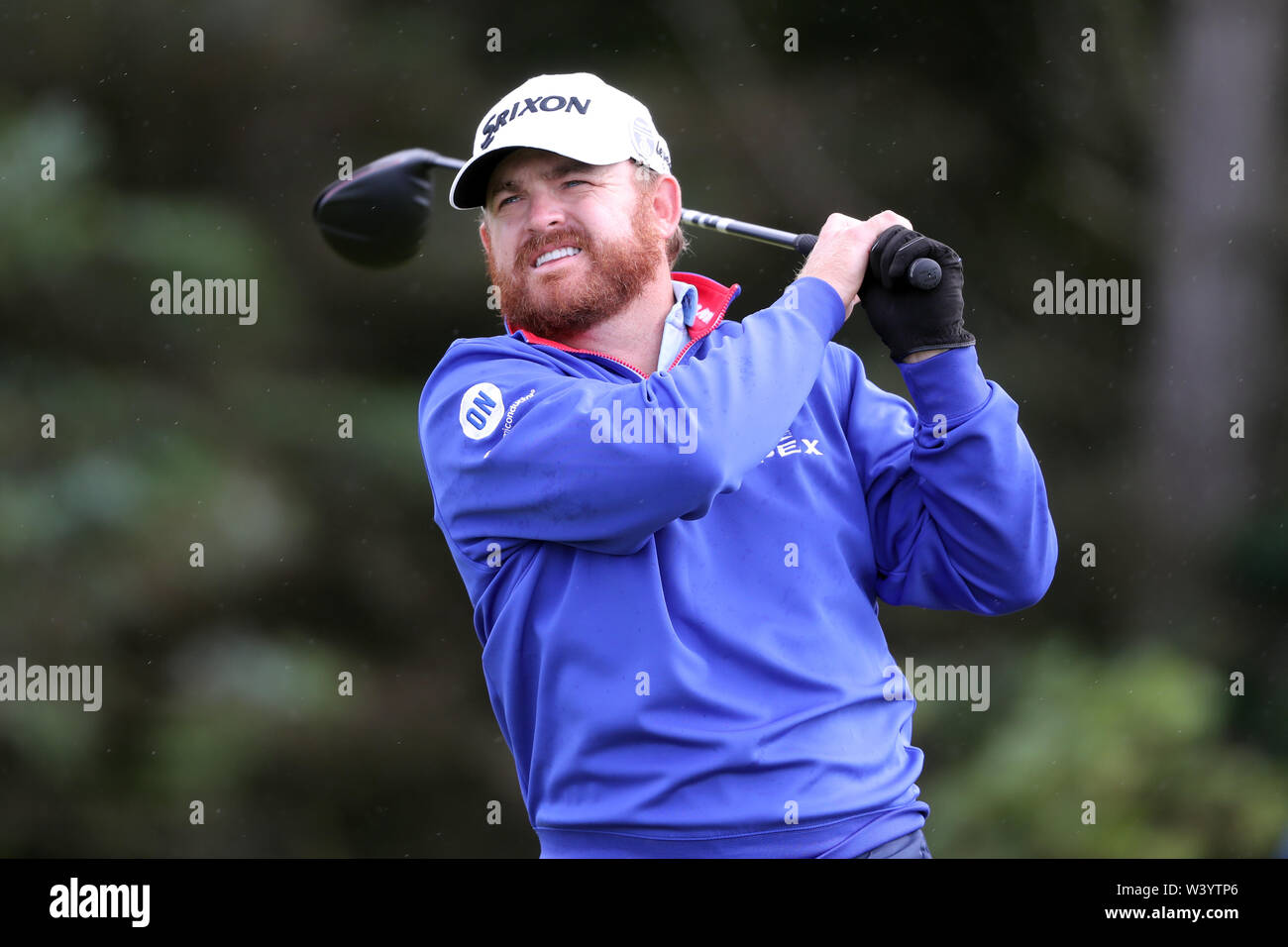 Die USA JB Holmes T-Stücken aus dem 5. Tag eines der Open Championship 2019 im Royal Portrush Golf Club. Stockfoto