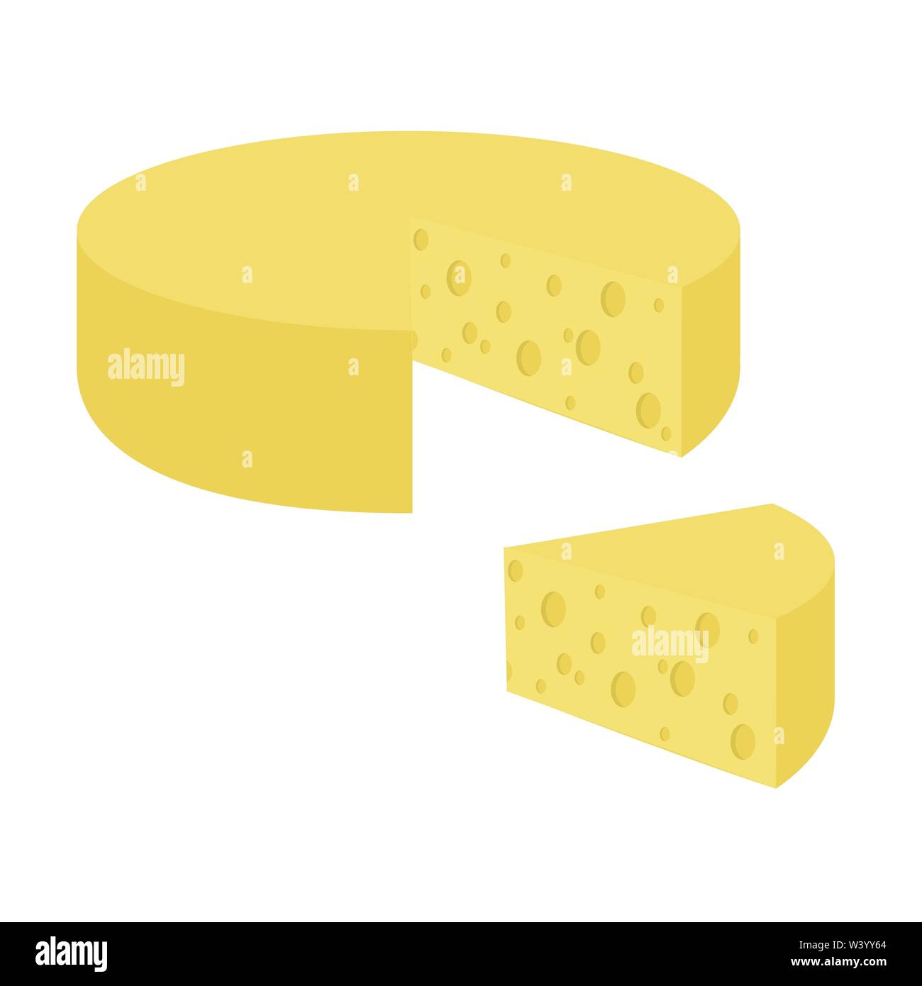 Stück Schweizer Käse mit einer Scheibe. Weißer Hintergrund. Isoliert. Stock Vektor