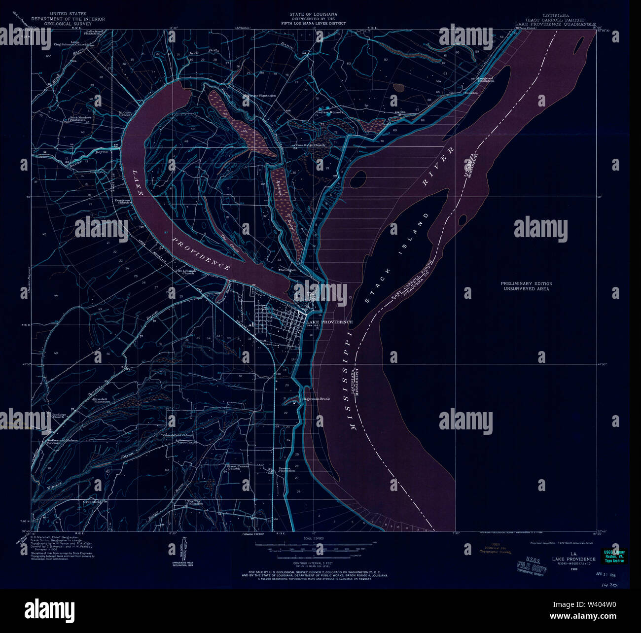 USGS TOPO Karte Louisiana LA See Vorsehung 332508 1909 24000 invertiert Stockfoto