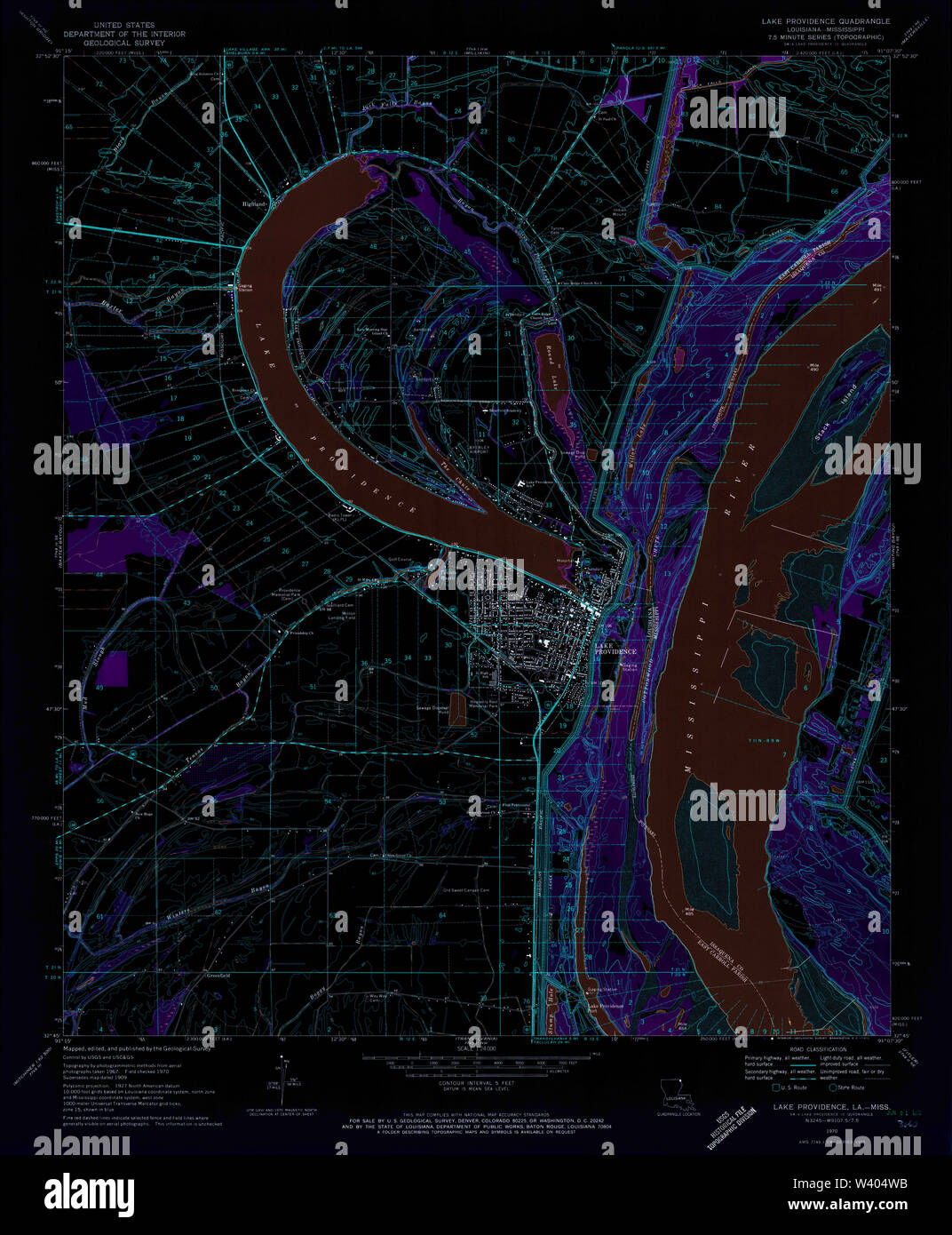 USGS TOPO Karte Louisiana LA See Vorsehung 332509 1970 24000 invertiert Stockfoto