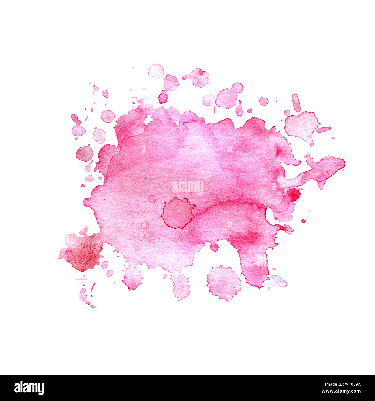 Aquarell Fleck von Rosa mit Spritzer und Flecken. Eine isolierte scharlachroten Fleck auf einem weißen Hintergrund. Hell crimson Blot von Hand gezeichnet. Stockfoto