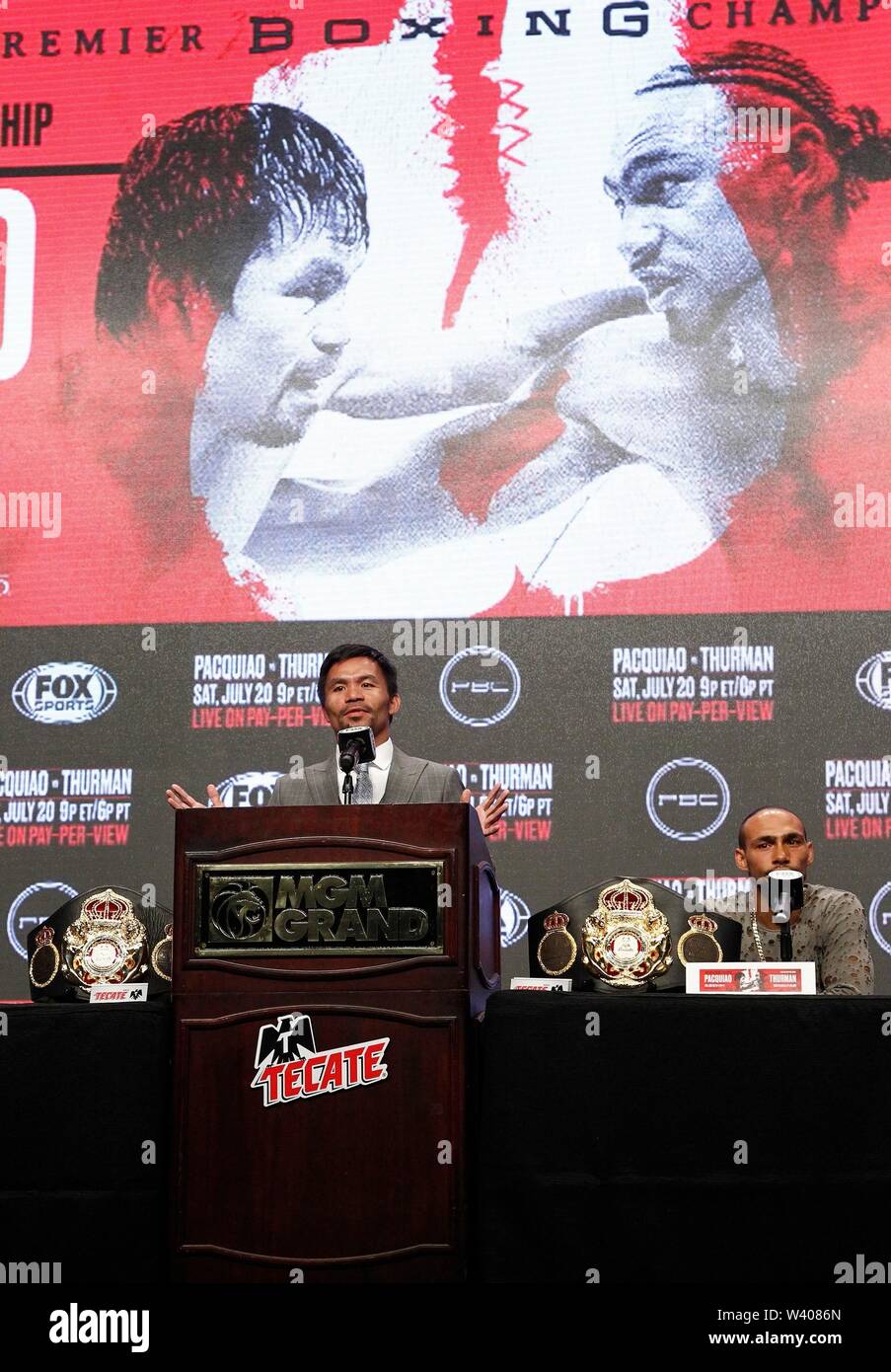 Manny Pacquiao, Keith Thurman anwesend für Manny Pacquiao vs Keith Thurman Pressekonferenz, MGM Grand Garden Arena in Las Vegas, NV 17. Juli 2019. Foto: JA/Everett Collection Stockfoto