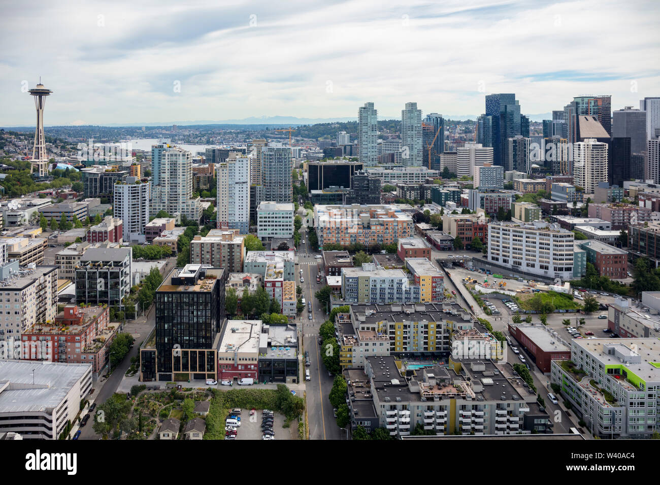 Luftbild der Innenstadt von Seattle und die Space Needle, Washington State, USA Stockfoto