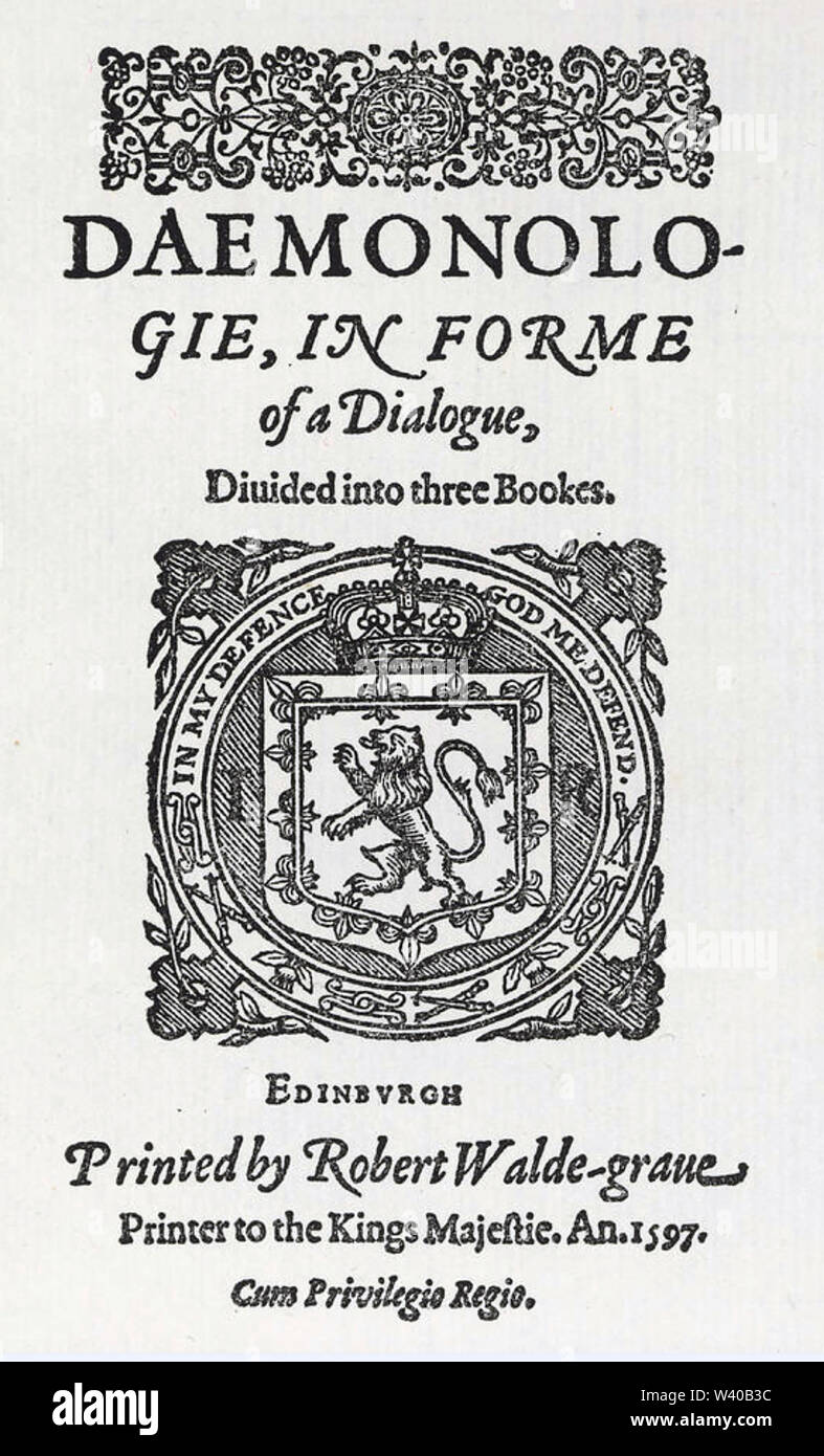 DEMONOLOGIE Titel Seite des ursprünglichen 1597 Edition von James VI. von Schottland, später James I von England Stockfoto