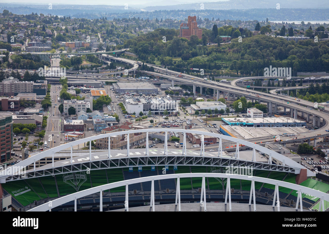 Luftaufnahme von i90 und i5 Austausch von CenturyLink Field, Seattle, Washington, USA Stockfoto