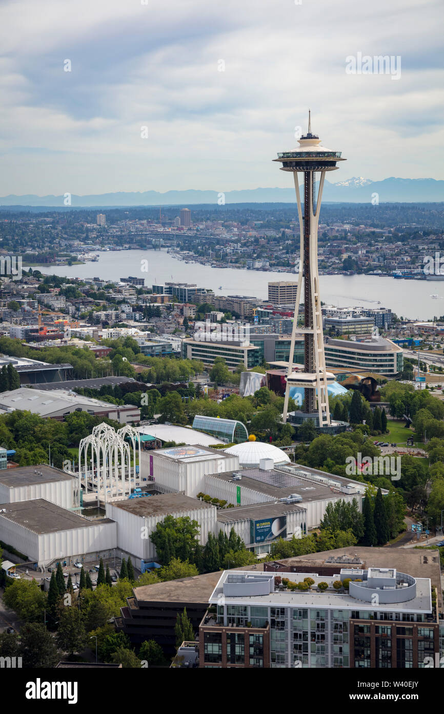Luftaufnahme der Space Needle und Seattle Center, Washington State, USA Stockfoto