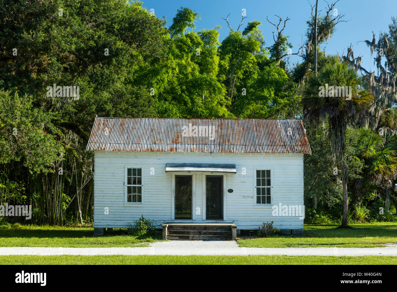 Die Vesta Häuschen auf dem Gelände des Koreshan historische Regelung - eine aus dem 19. Jahrhundert utopischen Kommune, Estero, Florida, USA Stockfoto