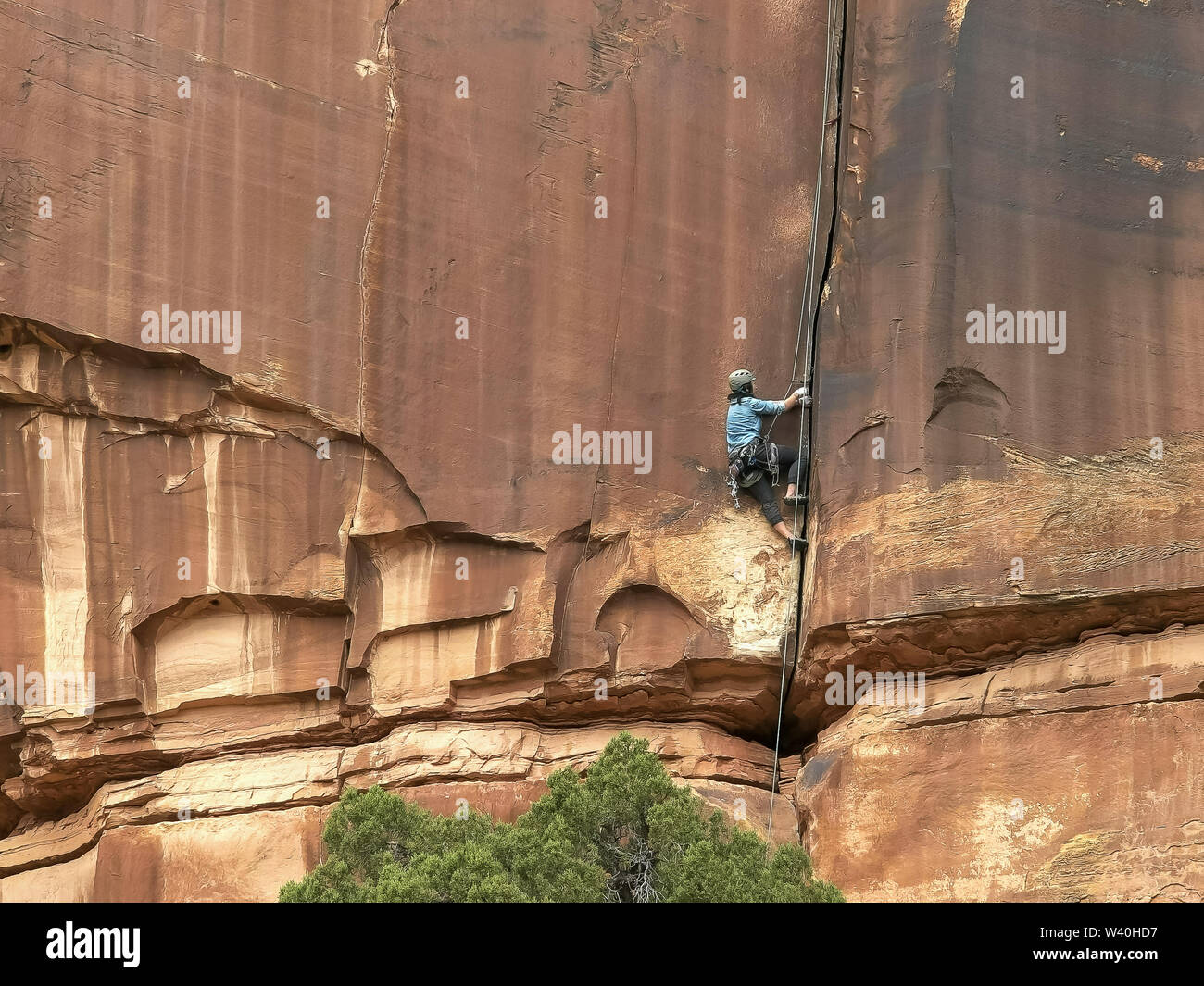 Weibliche Kletterer crack Klettern in der Felswand am Canyonlands, Utah Stockfoto