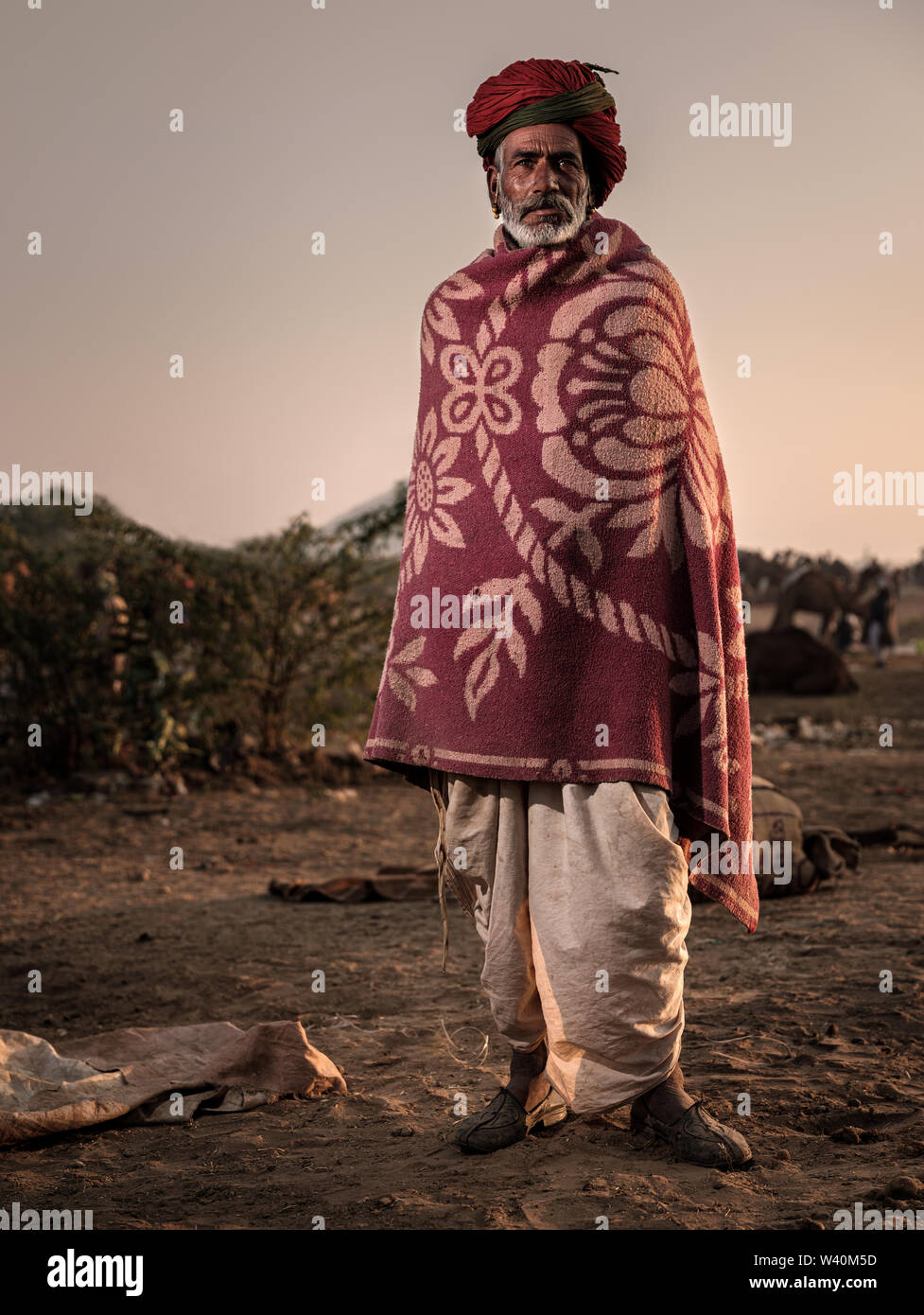 PUSHKAR, INDIEN - ca. November 2018: kameltreiber am frühen Morgen in der Pushkar Kamel Messe. Es ist einer der größten Kamel der Welt messen. Neben fr Stockfoto