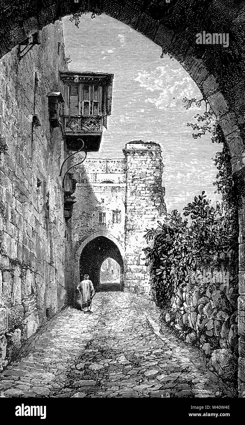Gravur der über Delorosa (Weg der Schmerzen) in Jerusalem, die Straße, die von Jesus Christus eingesetzt, der das Kreuz nach Golgatha durchgeführt Stockfoto