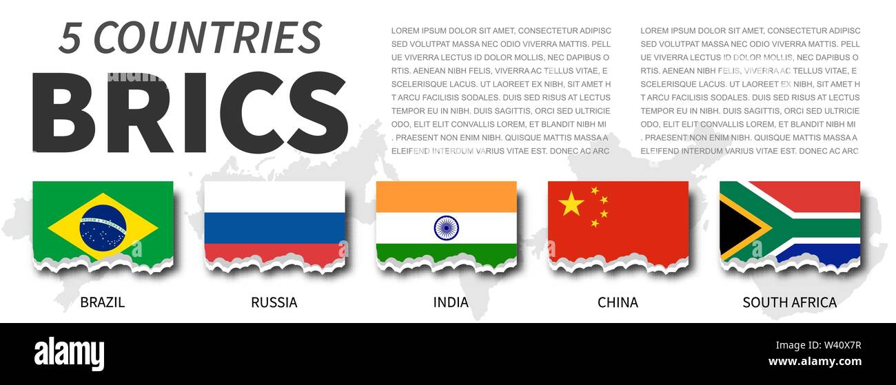 BRICS und Mitgliedschaft. Verband der 5 Länder. Zerrissene Flagge Design. Vektor. Stock Vektor