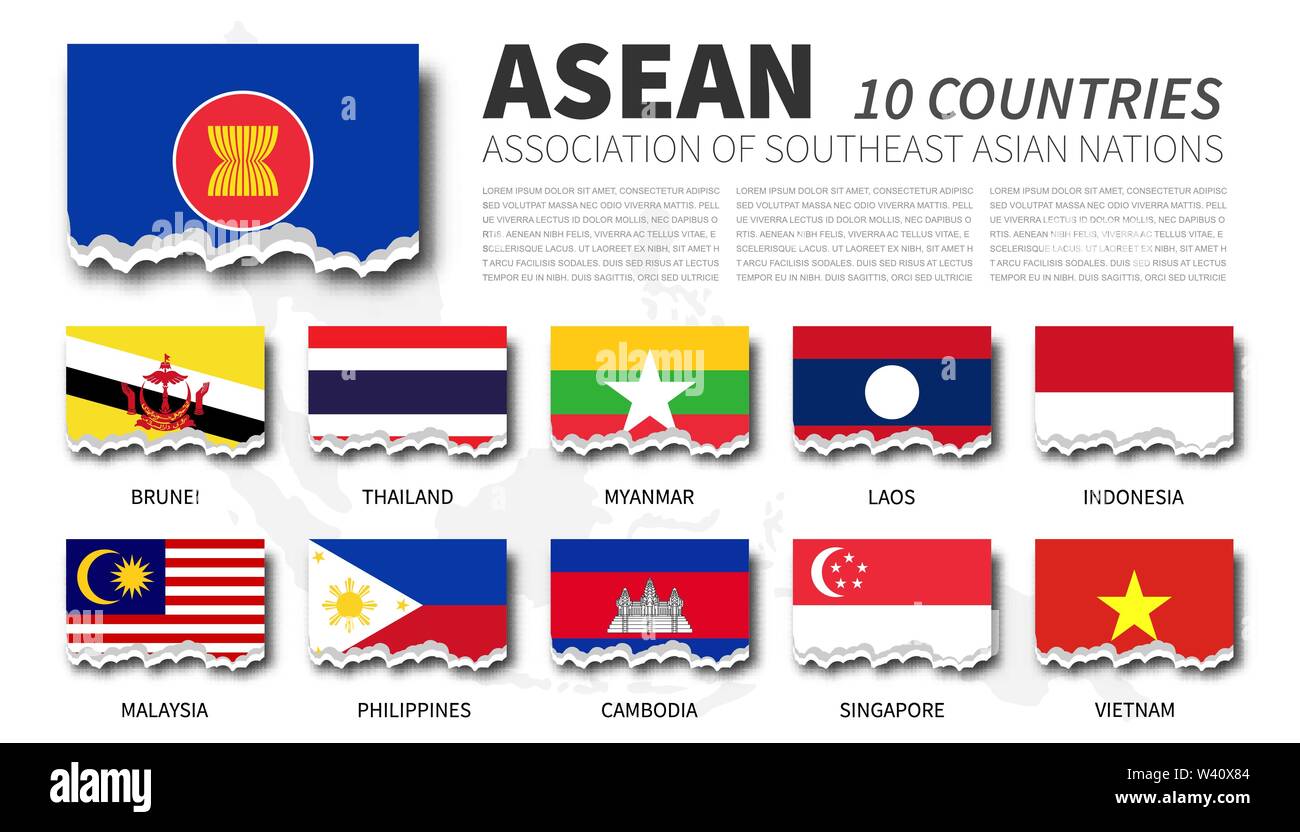 Flagge ASEAN (Verband Südostasiatischer Nationen) und die Mitgliedschaft auf Südostasien Karte Hintergrund. Zerrissenes Papier Design. Vektor. Stock Vektor