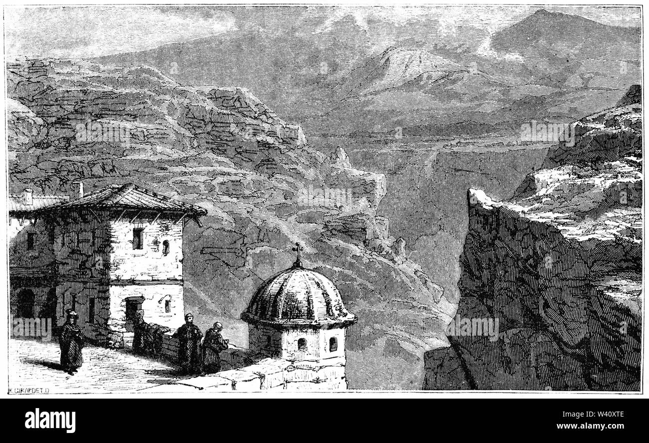 Gravur des Heiligen Lavra des Heiligen Sabbas, in Syriac als Mar Saba, ein griechisch-orthodoxes Kloster mit Blick auf den Bach Kidron, auf halbem Weg zwischen der alten Stadt Jerusalem und das Tote Meer bekannt Stockfoto