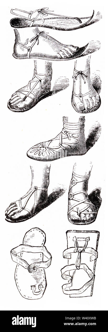Gravur von verschiedenen Designs von Sandalen im Nahen Osten, ca. 50 AD abgenutzt Stockfoto