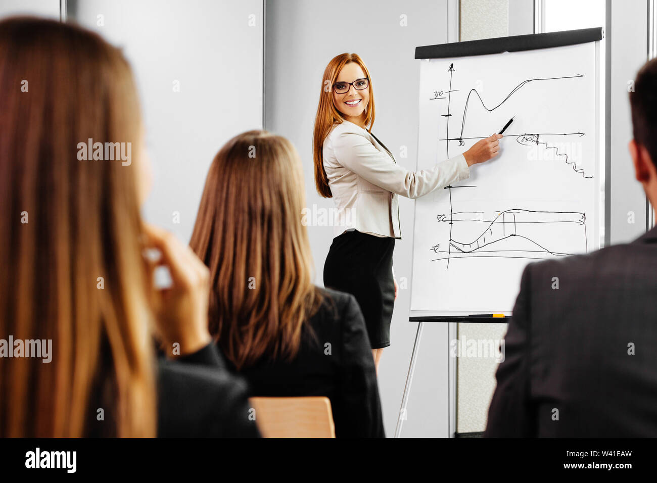 Geschäftsfrau, Präsentation am Flipchart. Business Meeting im Büro Stockfoto