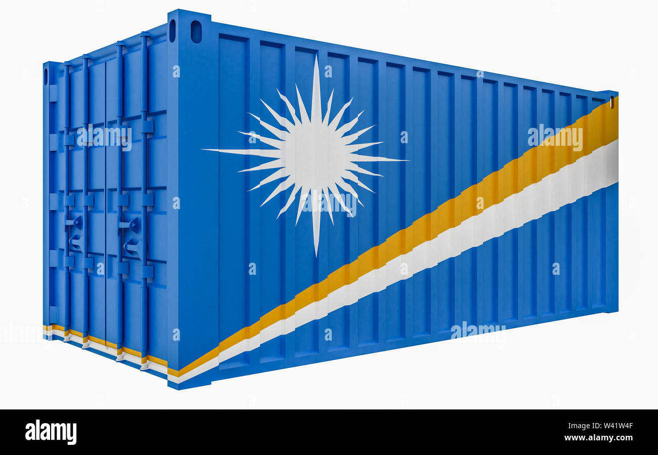 3D-Render von Cargo Container mit Marshall Inseln Flagge Stockfoto