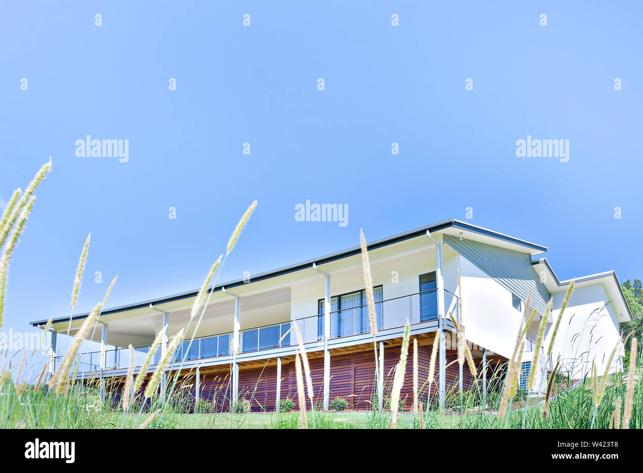 Modernes Haus Vorderseite mit Gras garten und Himmel, erste Etage Wand mit Holz entworfen hat, Garten umgeben mit natürlichen Pflanzen, Wald hinter Stockfoto