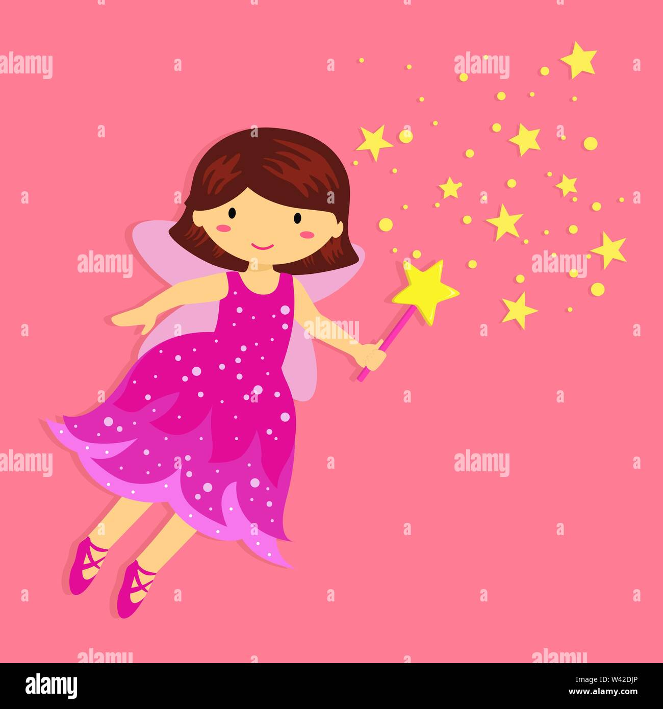 Süße kleine rosa Fee mit Zauberstab und Stardust Fliegen auf rosa Hintergrund Vector Illustration Stock Vektor
