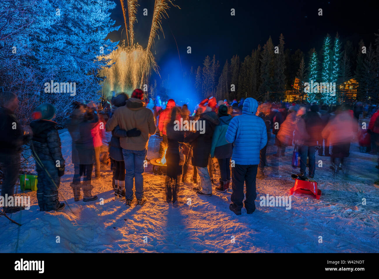 Silvester Feuerwerk in Canmore, Alberta, Kanada Stockfoto