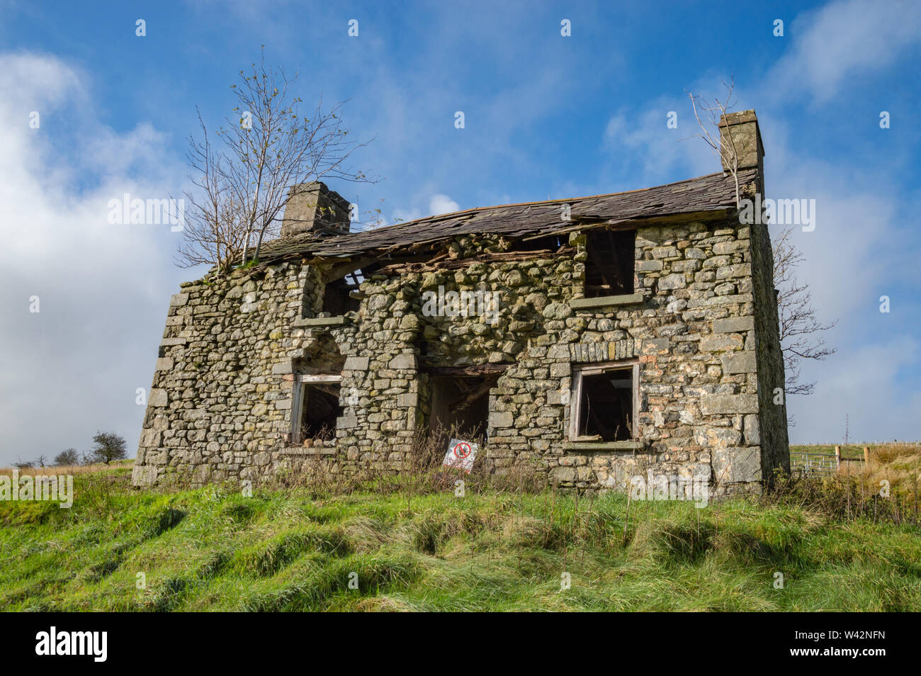 Ruiniert Bauernhaus in der Nähe von Llanwrtyd Wells, Powys, Wales. Die ehemalige Ffos-y-Fign Bauernhof, jetzt Teil der Lofftwen Wald Bauernhof. Stockfoto