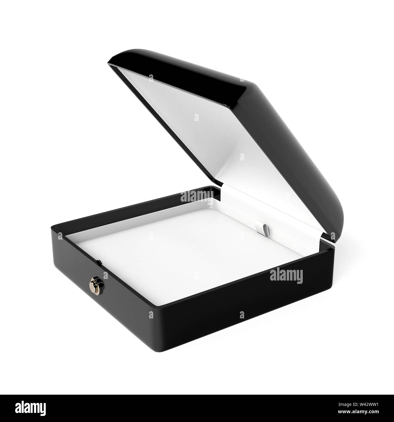 Schwarze Schmuckschatulle. Leer für Juwelen öffnen. 3D Rendering Illustration auf weißem Hintergrund Stockfoto
