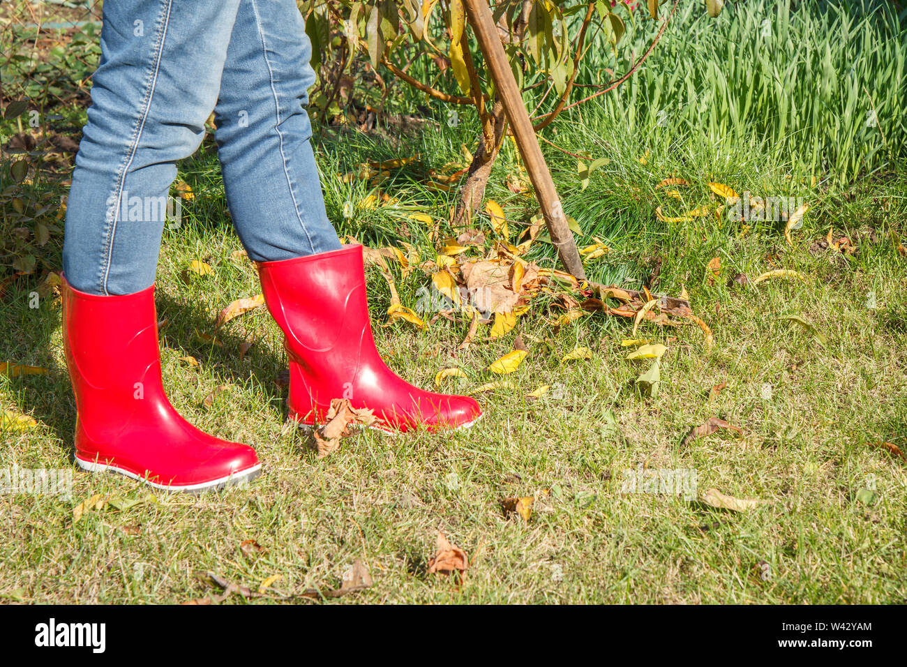 Weibliche Gärtner in roten Gummistiefel reinigt ein Garten mit einer