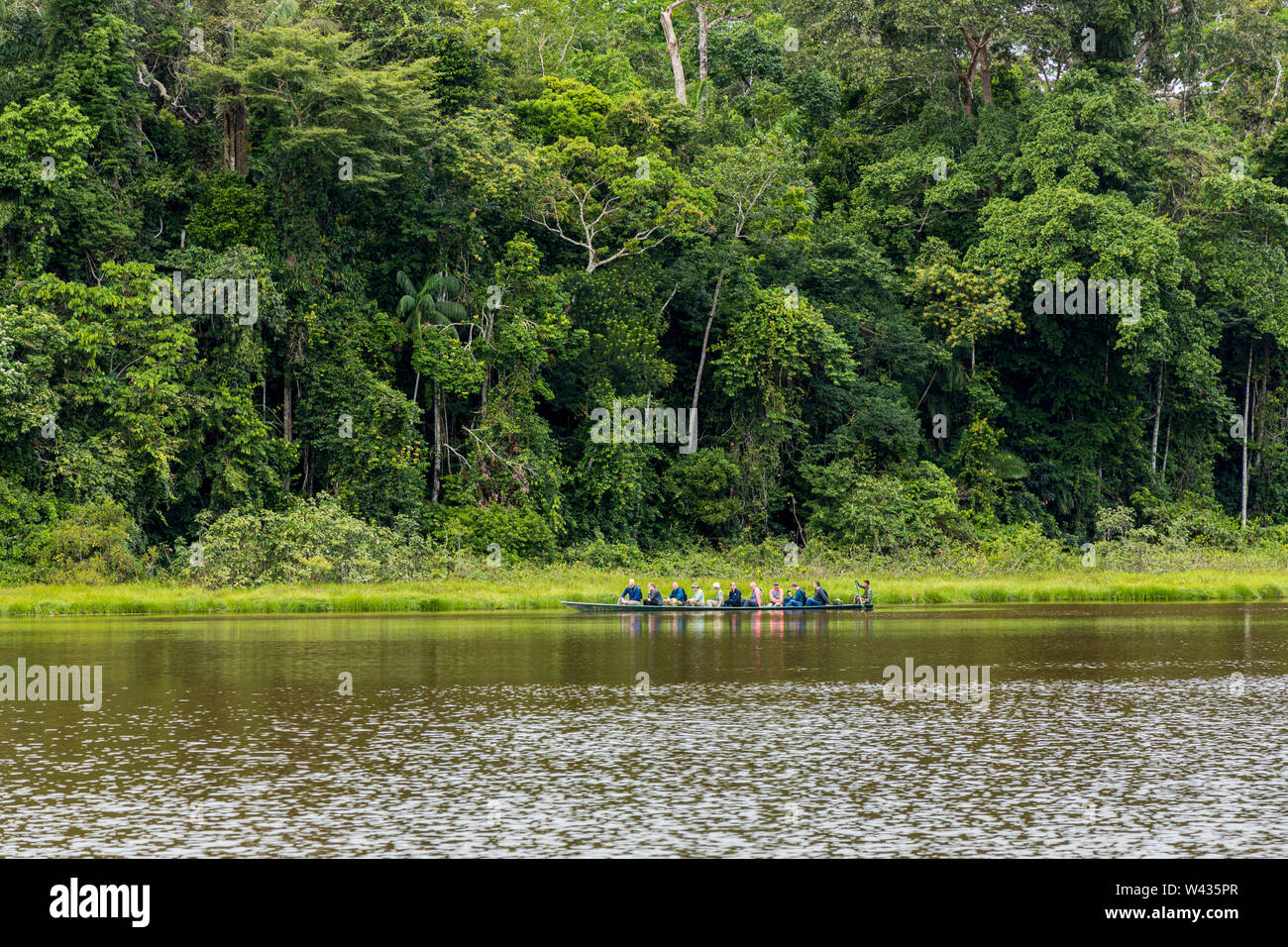 Touristen in einer langen Kanu Stil boaton See Condenado, oxbow See im Dschungel in der Nähe des Flusses Tambopata, Amazonas, Peru, Südamerika Stockfoto