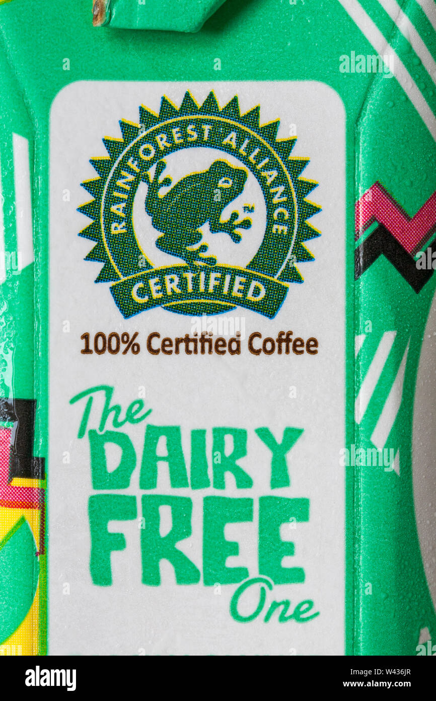 Rainforest Alliance Certified 100% zertifizierter Kaffee Detail auf Karton  von Jimmys Eiskaffee - Die Molkerei kostenlos ein Oat Latte Molkerei  Kostenloses Getränk Stockfotografie - Alamy