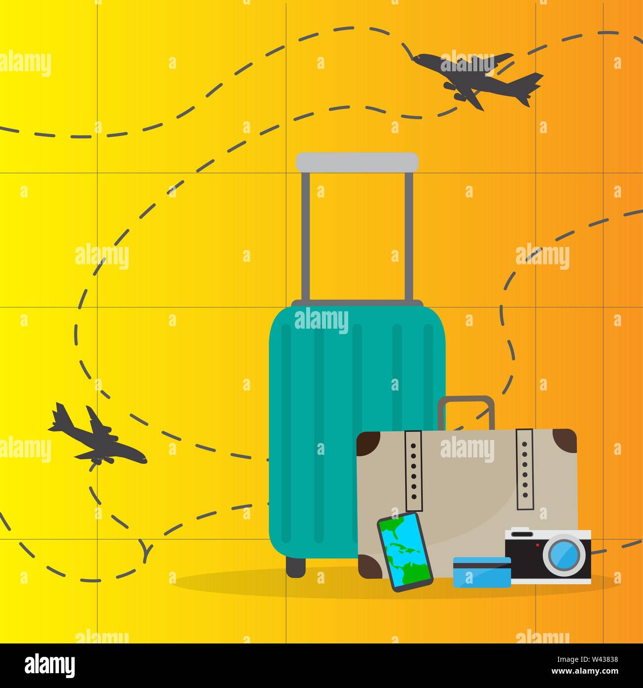 Isolierte Reisetaschen, Smartphone, Kamera und Kreditkarte. Reise und Tourismus - Vektor Stock Vektor Isolierte Reisetaschen, Smartphone, Kamera und Kreditkarte. Reise und Tourismus - Vektor Stock Vektor