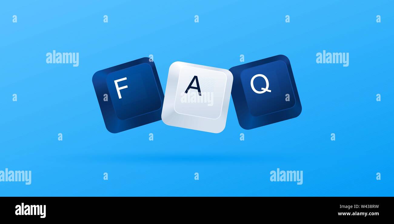 FAQ (Häufig gestellte Fragen). FAQ Wort mit Computer Tastatur Tasten auf blauem Hintergrund geschrieben. Computer Tasten auf der Tastatur. Vektor illust Stock Vektor