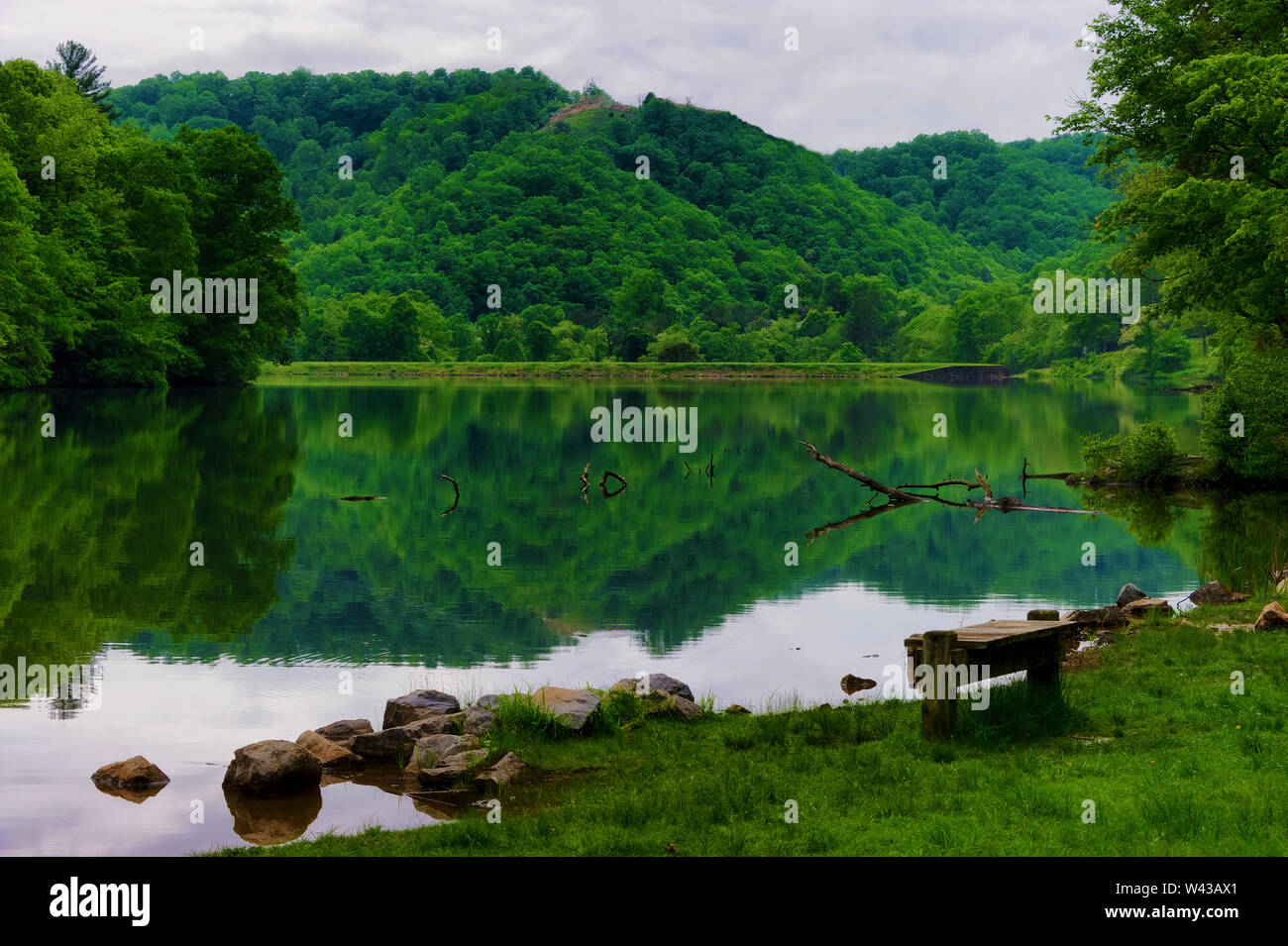 Ein rustikales Holz Bank sitzt entlang einer ruhigen See mit üppigen ruhigen Blick auf Frühlingsgrün und reflektierenden Gewässern. Stockfoto