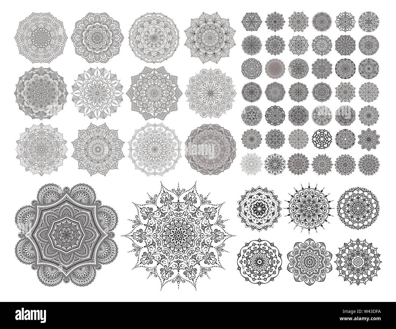 Mandalas zum Ausmalen. Farbe Seiten einrichten. Dekorative Runde Verzierungen. Anti-stress-Therapie Muster. Webart Design Elemente. Yoga, Logos, Hintergründe Stock Vektor