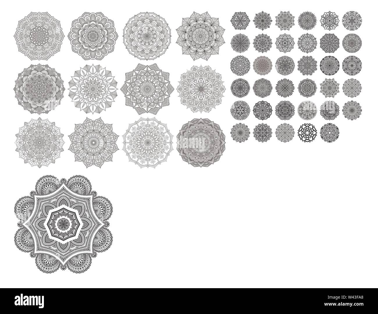 Mandalas zum Ausmalen. Farbe Seiten einrichten. Dekorative Runde Verzierungen. Anti-stress-Therapie Muster. Webart Design Elemente. Yoga, Logos, Hintergründe Stock Vektor