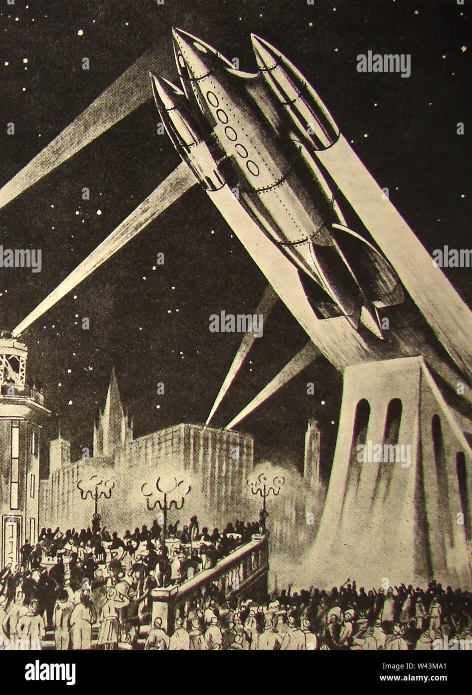 Ein 40er Magazine Illustration Vorhersage eine Vision der zukünftigen Raketen und Raumfahrt. Stockfoto
