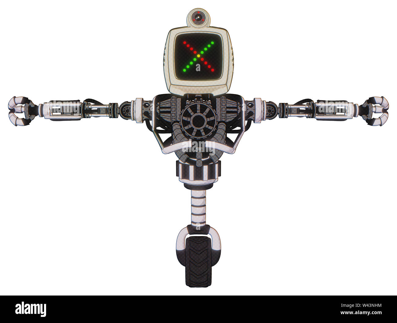 Cyborg Elemente enthalten: alte Computer Monitor, farbige x Display, retro-futuristischen Webcam, schwere obere Brust, keine Brust Verchromen, Einrad Rad. Stockfoto