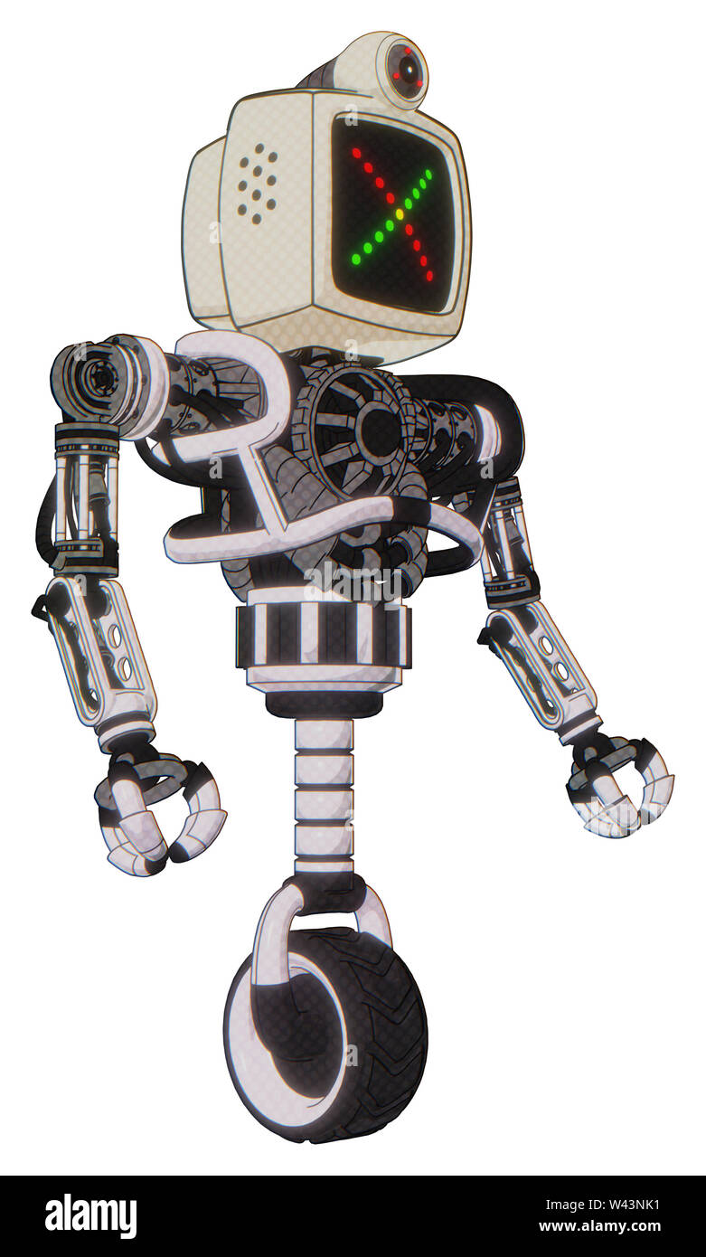 Cyborg Elemente enthalten: alte Computer Monitor, farbige x Display, retro-futuristischen Webcam, schwere obere Brust, keine Brust Verchromen, Einrad Rad. Stockfoto