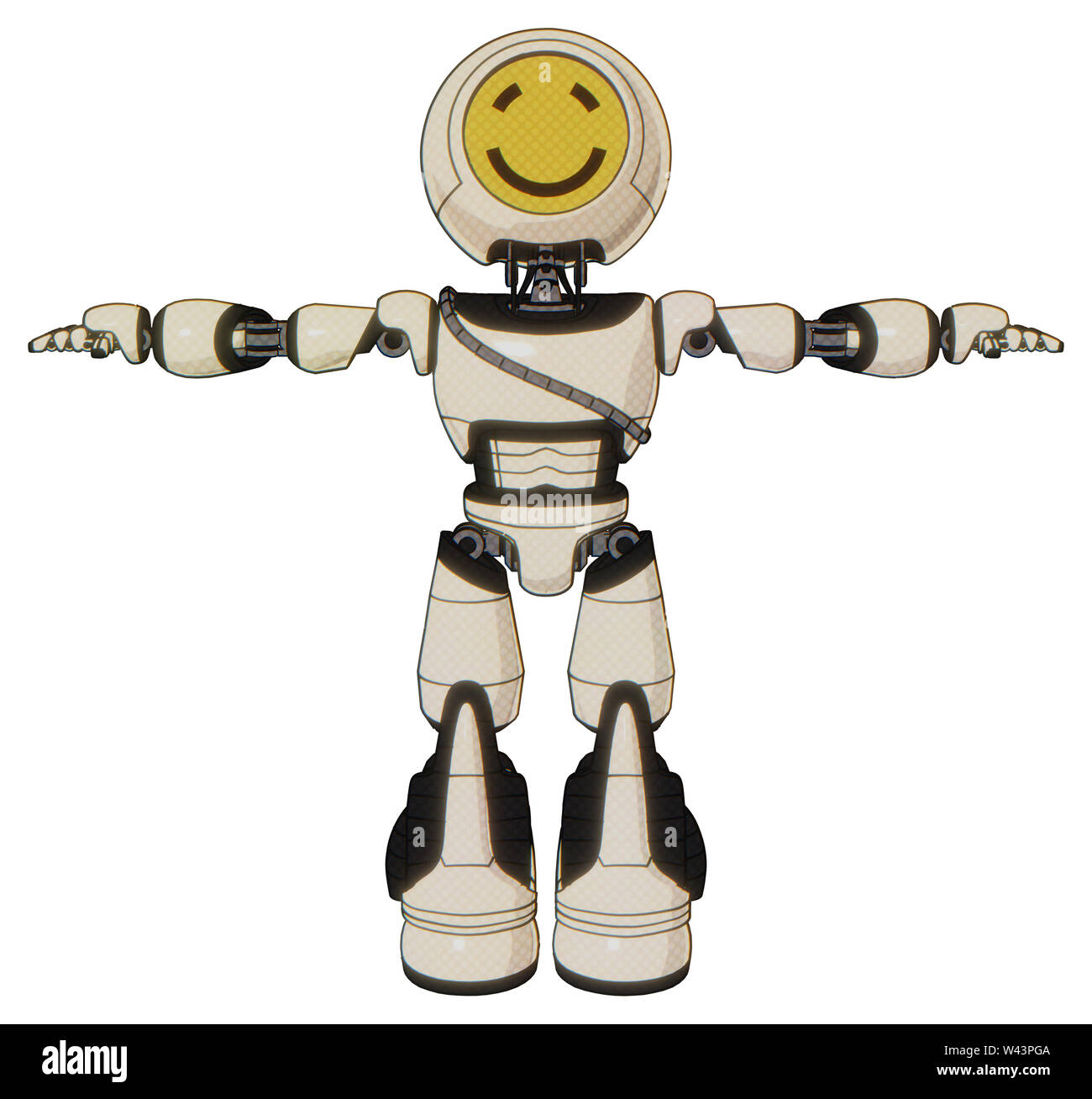 Roboter, die Elemente enthalten: Runder Kopf gelb glückliches Gesicht,  Brust exoshielding, Kabel-Schärpe, Licht Bein exoshielding, stomper Fuß  mod. Material Stockfotografie - Alamy