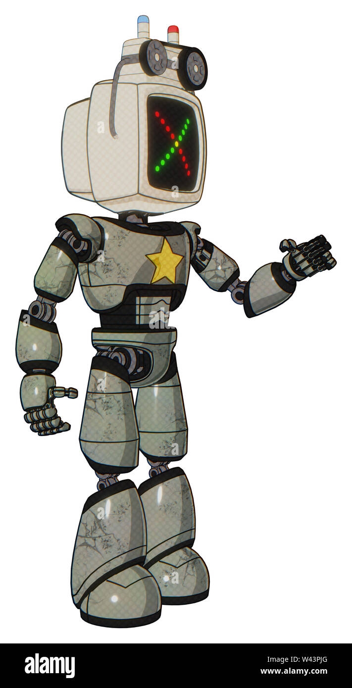 Bot, die Elemente enthalten: alte Computer Monitor, farbige x Display, alte Computer Magnetband, Licht Brust exoshielding, gelber Stern, Licht Bein... Stockfoto