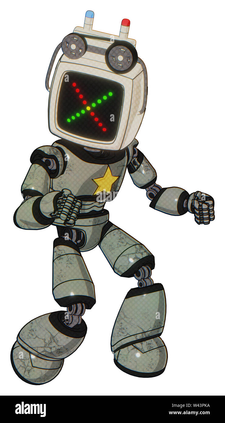 Bot, die Elemente enthalten: alte Computer Monitor, farbige x Display, alte Computer Magnetband, Licht Brust exoshielding, gelber Stern, Licht Bein... Stockfoto