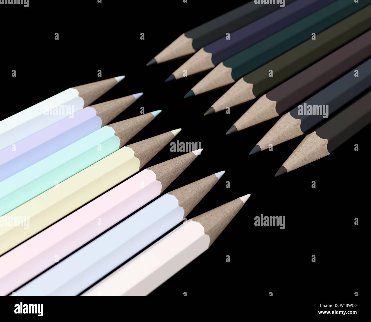 Bleistifte in gegensätzlichen hellen und dunklen Farbtöne an jedem anderen zeigt. Computer generierten Bildes. Stockfoto