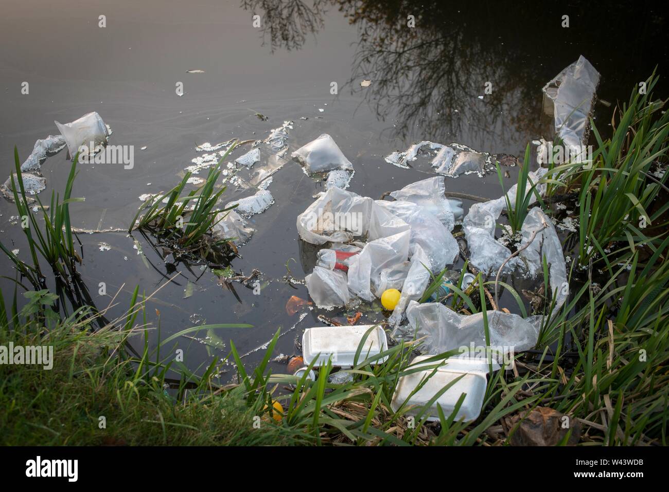 Plastik Müll gedumpten in die Wasserstraße, West Midlands, UK. Stockfoto
